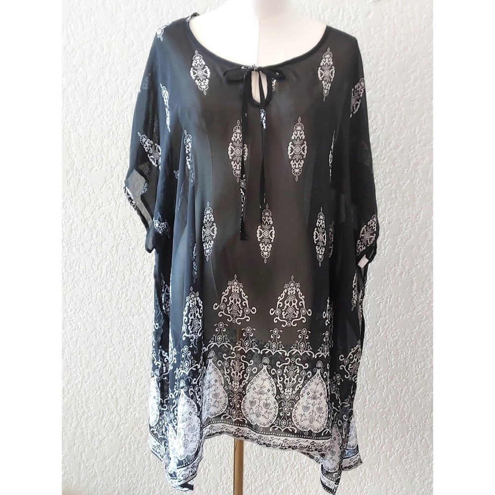 Boho Whimsical Floral Black/White Top Sheer Overlay Flowy Earthy 2XL Sleeveless‎